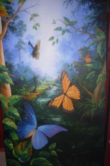 manatial con mariposas Óleo Lienzo Paisaje