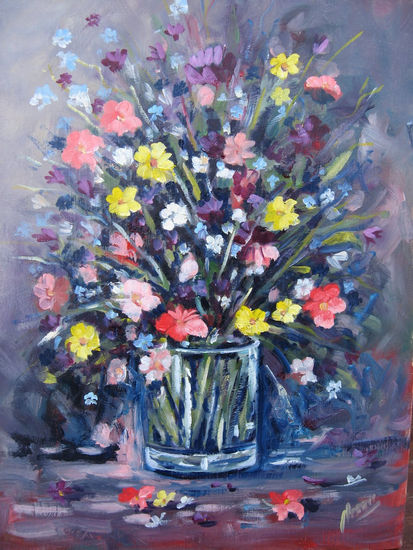 FLORES EN VASO Oil Panel Floral Painting