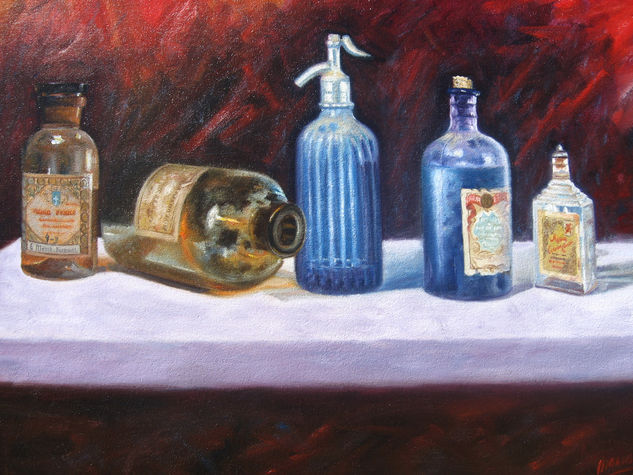 BOTES Y SIFÓN AZUL Oil Panel Still Life Paintings