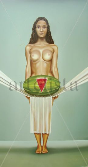 mujer con sandia Oil Textile Nude Paintings