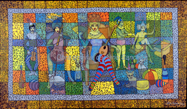 Reunion de invitados. Obra de Alirio Sanchez M Acrylic Canvas Figure Painting