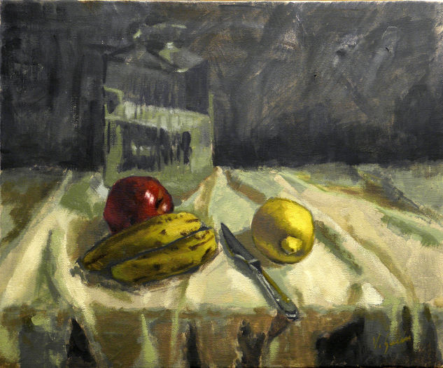 Bodegó de poma, plàtans i llimona Oil Canvas Still Life Paintings