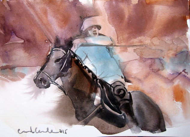 CABALLO DE POLO CON JINETE Acuarela Papel Animales