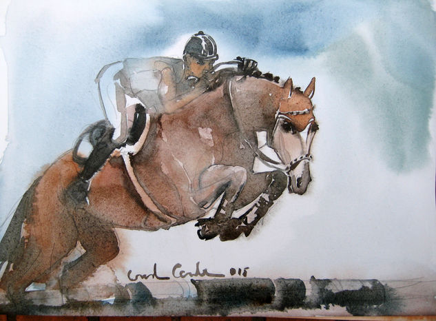 CABALLO DE SALTO CON JINETE Watercolour Paper Animals