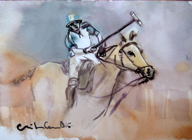 CABALLO DE POLO CON JINETE Acuarela Papel Animales