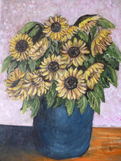 Jarron azul con girasoles Oil Canvas Floral Painting