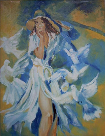 mujer con palomas Oil Canvas Figure Painting