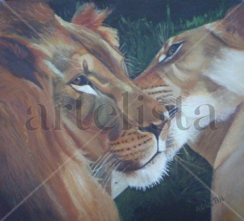 el león y la leona Oil Panel Animals