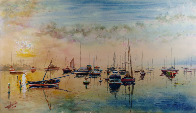 atardecer en el mar Watercolour Paper Marine Painting