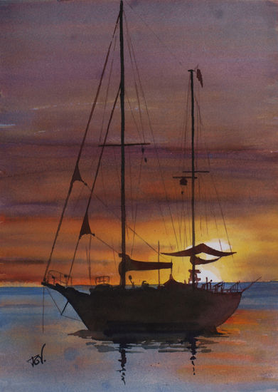 anochecer en el mar Watercolour Paper Marine Painting