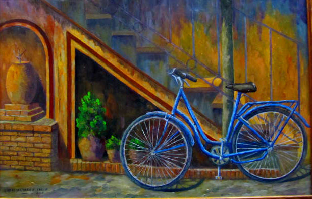 bicicleta azul Oil Panel Figure Painting