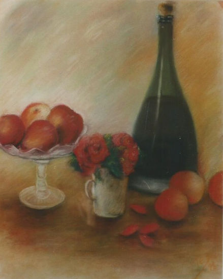 FRUTA Y BOTELLA Pastel Card Still Life Paintings