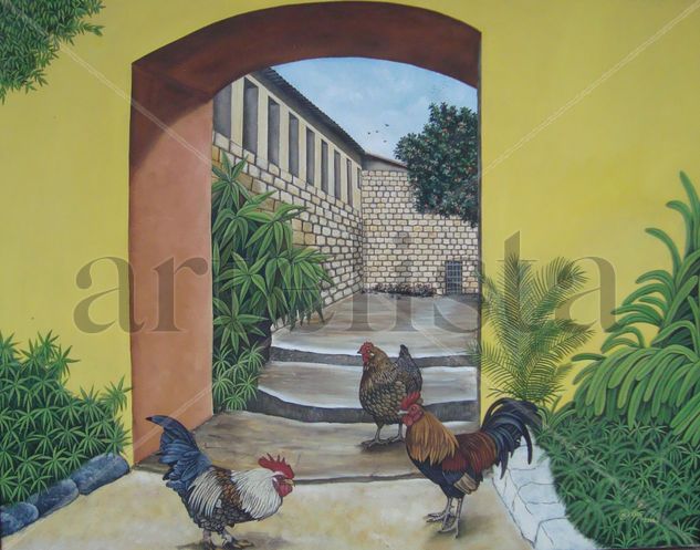 "VILLA DE LOS GALLOS" Óleo Tabla Animales