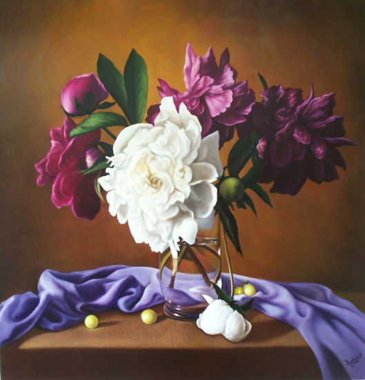 BODEGÓN EN MAGENTA, BLANCO Y VIOLETA Oil Canvas Floral Painting