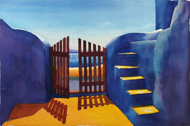 Terraza en Santorini Watercolour Paper Landscaping