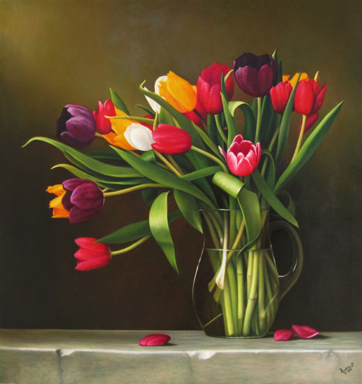 BODEGÓN CON TULIPANES Oil Canvas Floral Painting