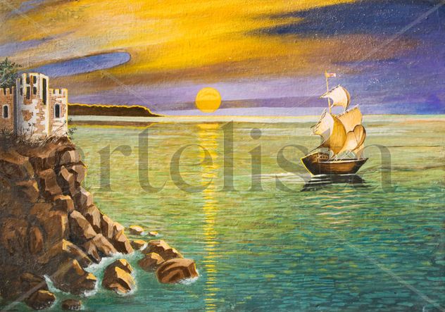 Sea landscape with sailing ship and castle