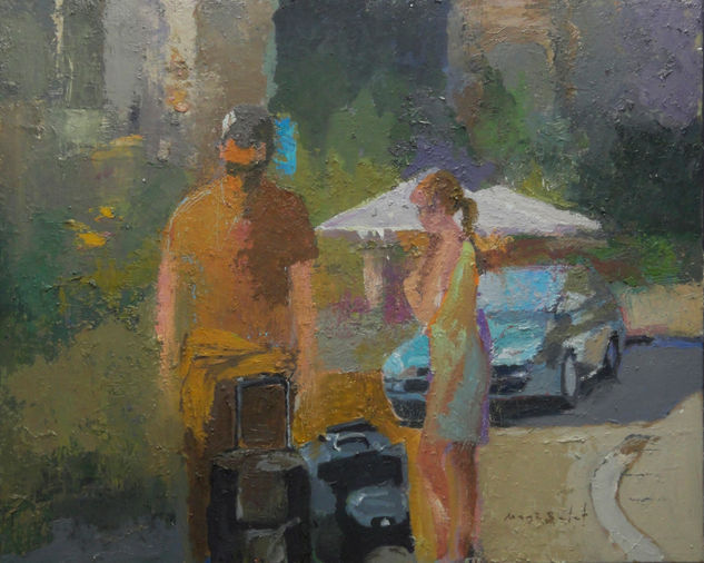 Dos personajes, coche y parasoles_65X54 cm. Media Mixta Lienzo Paisaje