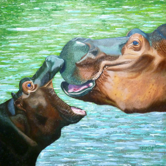 Hipopòtam i cria Oil Canvas Animals