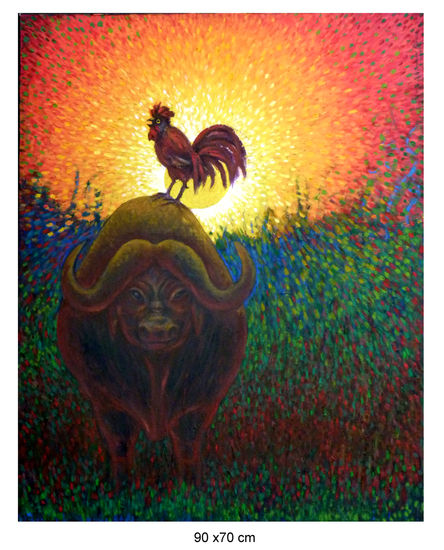 Búfalo y gallo, amanecen Óleo Lienzo Animales