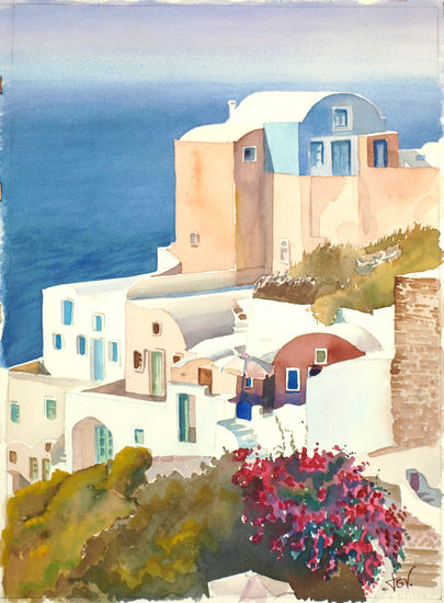 Santorini Acuarela Papel Paisaje