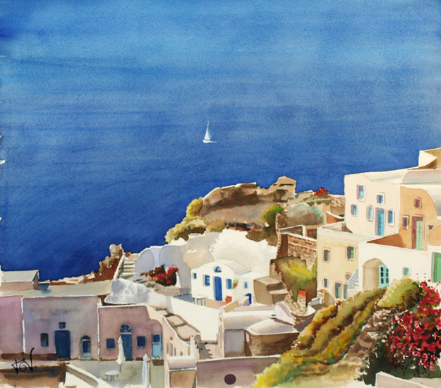 Santorini Acuarela Papel Paisaje