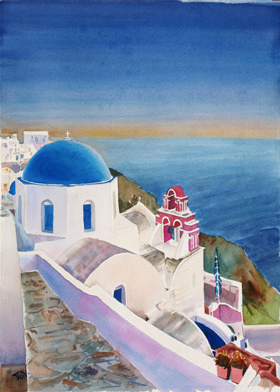 Templo en Santorini Watercolour Paper Landscaping