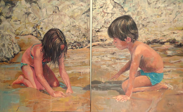 Niños en la arena Oil Canvas Figure Painting