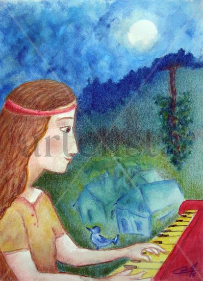 Niña y piano rojo Mixed media Card Figure Painting