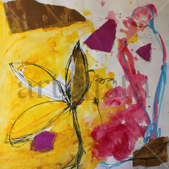 La flor amarilla Mixed media Paper Floral Painting