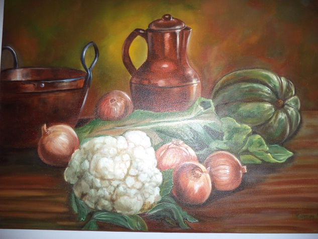 Preparando  verduras. Oil Panel Still Life Paintings