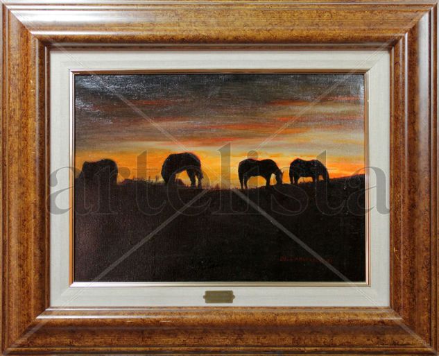 Caballos al atardecer Oil Canvas Animals