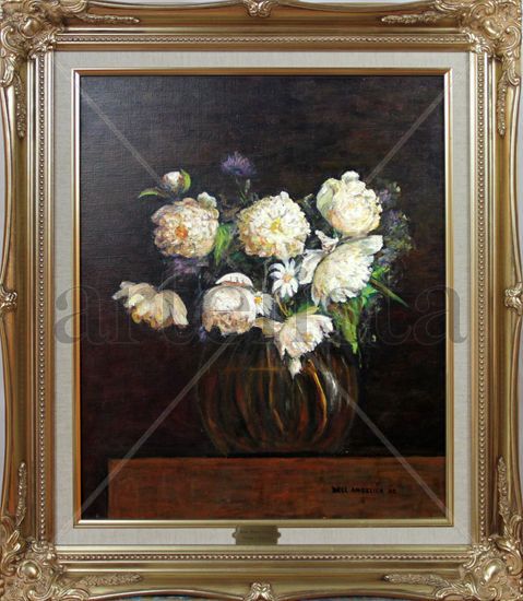 Peonías y Violetas Oil Canvas Floral Painting