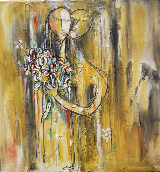 Pareja con flores Mixed media Canvas Figure Painting