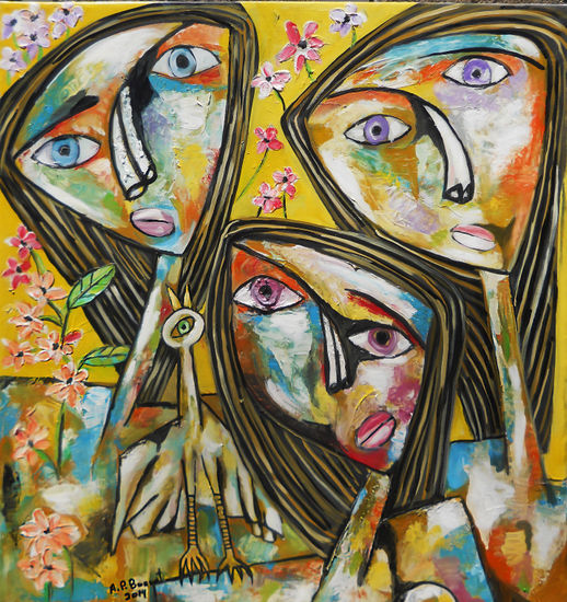 Tres rostros con ave Mixed media Canvas Figure Painting