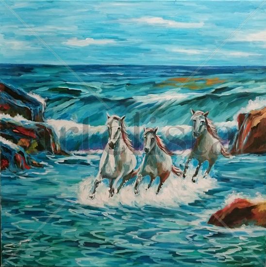 CABALGANDO LAS OLAS Acrylic Canvas Animals