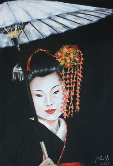 Geisha con sombrilla Pastel Papel Retrato