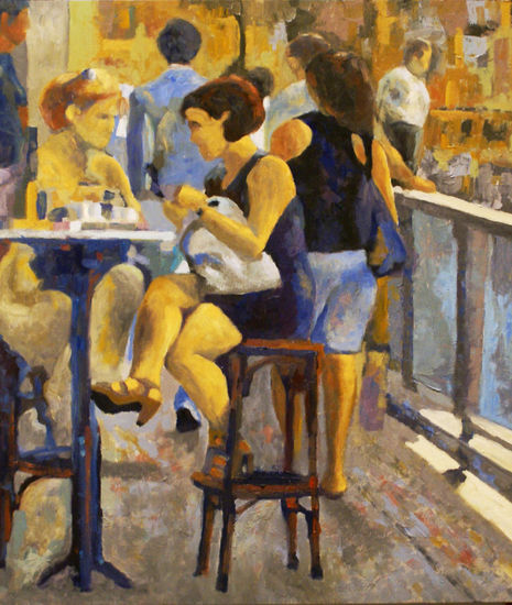 Gossiping Oil Panel Figure Painting