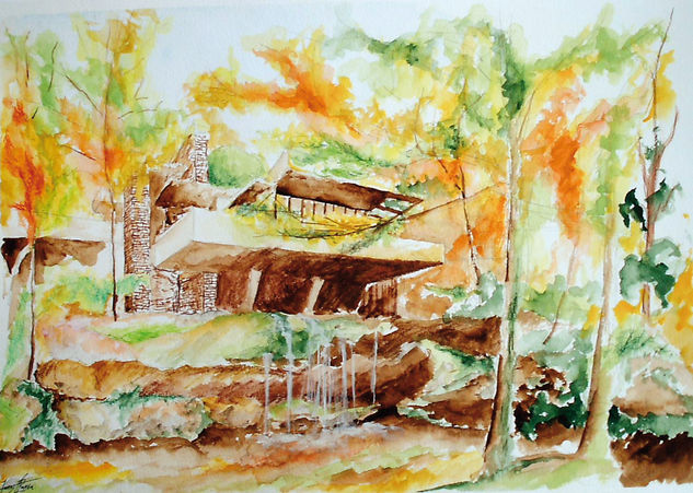 Casa sobre la cascada Acuarela Papel Paisaje