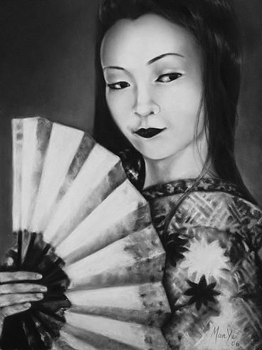 Geisha con abanico Pastel Paper Portrait