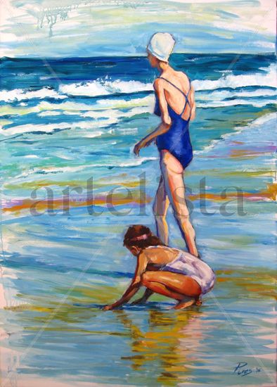 Abuela y nieta en la orilla Oil Canvas Marine Painting