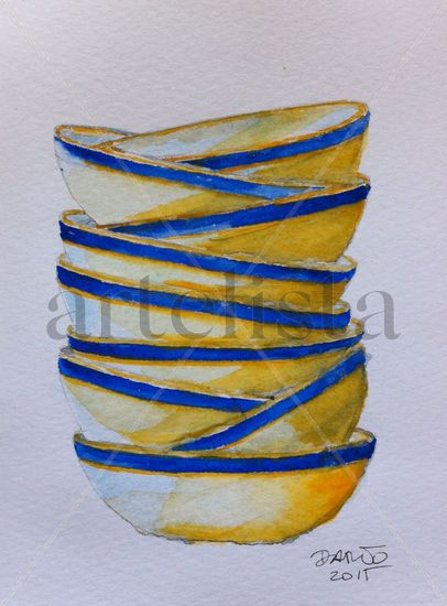 Cazos azules Watercolour Card Still Life Paintings