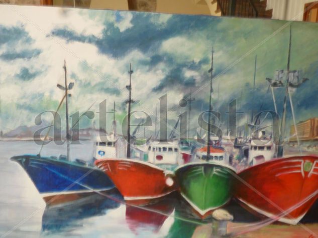 BARCOS PESQUEROS EN PUERTO Acrylic Canvas Marine Painting