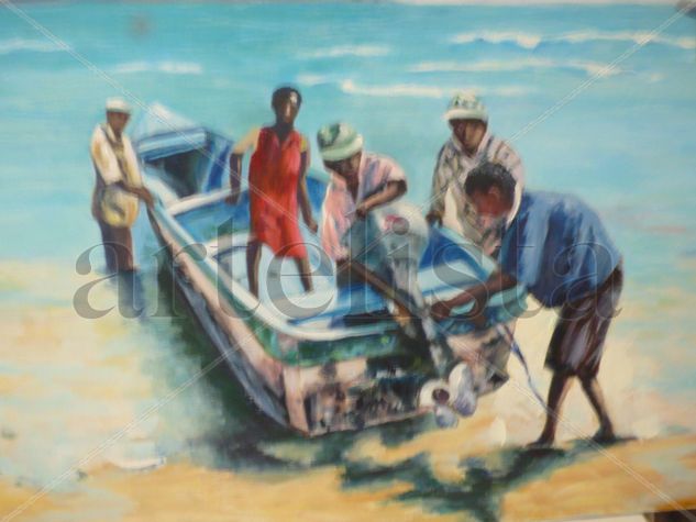 PESCADORES ARREGLANDO LA BARCA Acrylic Canvas Marine Painting