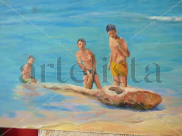 CHICOS EN LA ORILLA DE LA PLAYA Acrylic Canvas Marine Painting