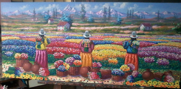 PAISAJE CON FLORISTAS Oil Textile Landscaping