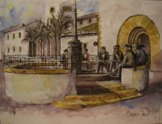 Tertulia en la Placeta del convent anys 50 Watercolour Paper Landscaping