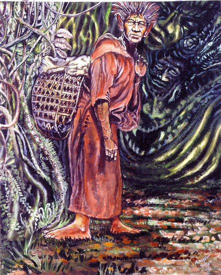 El sub mundo amazónico y el enigma del Chullachaki, (duende-demonio) Acrylic Canvas Portrait