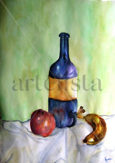 BOTELLA CON FRUTAS Watercolour Paper Still Life Paintings