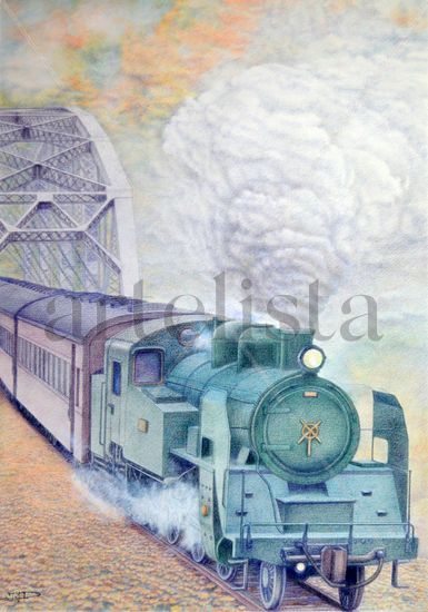 Tren de vapor-2 Pencil (coloured) Card Landscaping